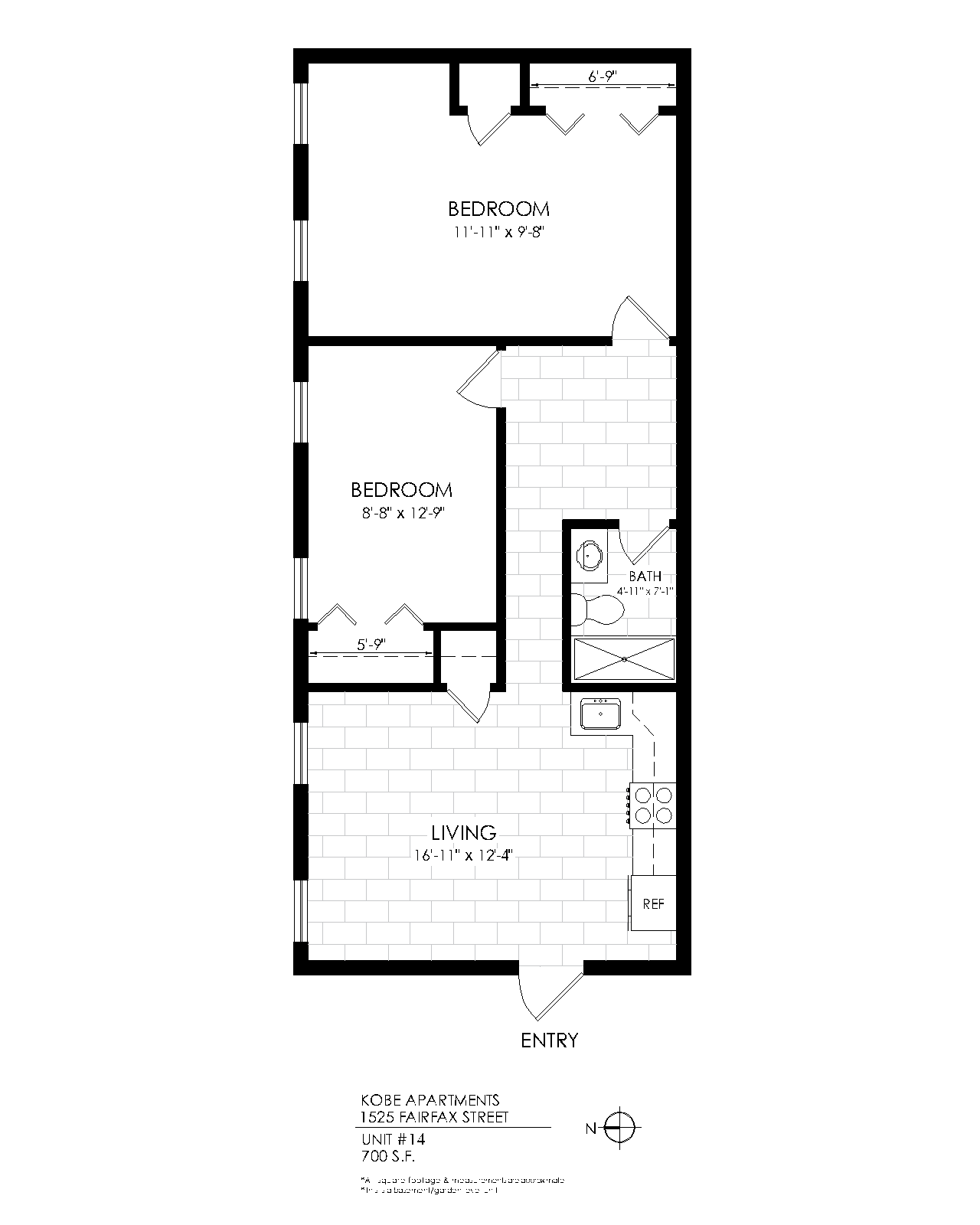 Floor plan for 2 beds, 1 bath, 680 sqft